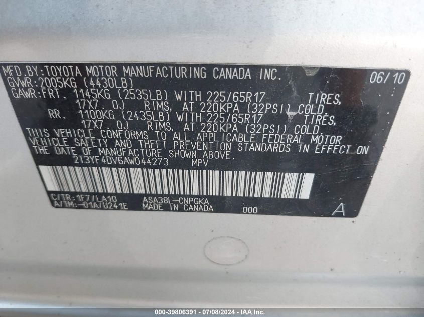 2010 Toyota Rav4 Limited VIN: 2T3YF4DV6AW044273 Lot: 39806391