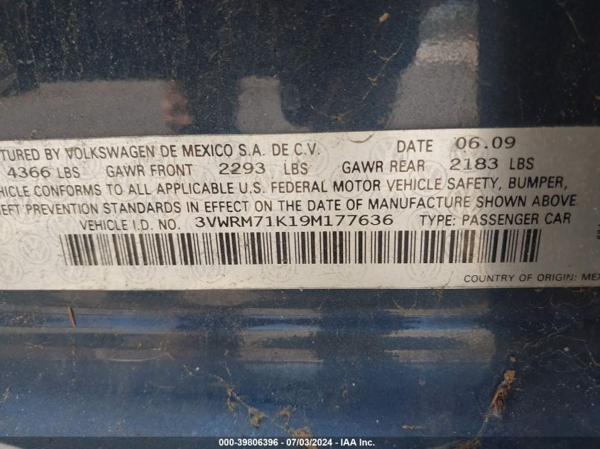 2009 Volkswagen Jetta Se VIN: 3VWRM71K19M177636 Lot: 39806396