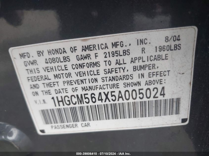 2005 Honda Accord 2.4 Lx VIN: 1HGCM564X5A005024 Lot: 39806410