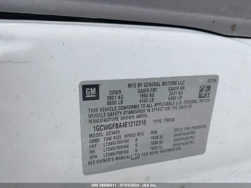 2014 Chevrolet Express 2500 Work Van VIN: 1GCWGFBA4E1212318 Lot: 39806411