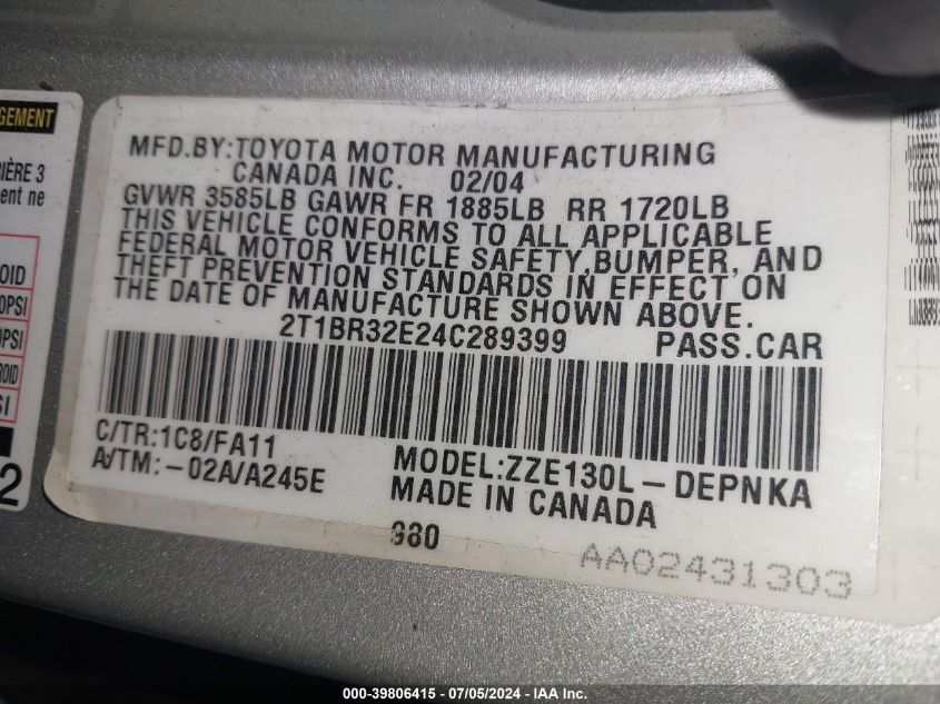 2004 Toyota Corolla Le VIN: 2T1BR32E24C289399 Lot: 39806415