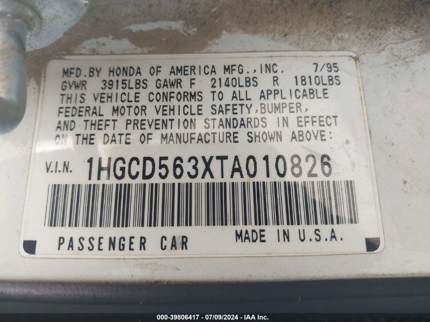 1996 Honda Accord Lx/Ex VIN: 1HGCD563XTAO10826 Lot: 39806417