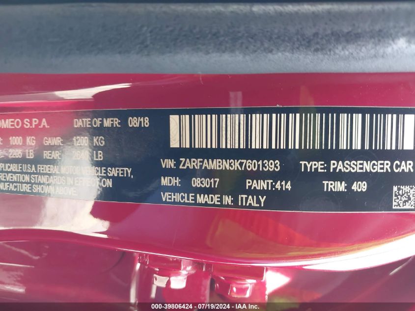 2019 Alfa Romeo Giulia Ti Rwd VIN: ZARFAMBN3K7601393 Lot: 39806424