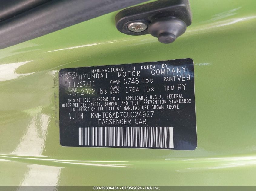 2012 Hyundai Veloster VIN: KMHTC6AD7CU0249 Lot: 39806434