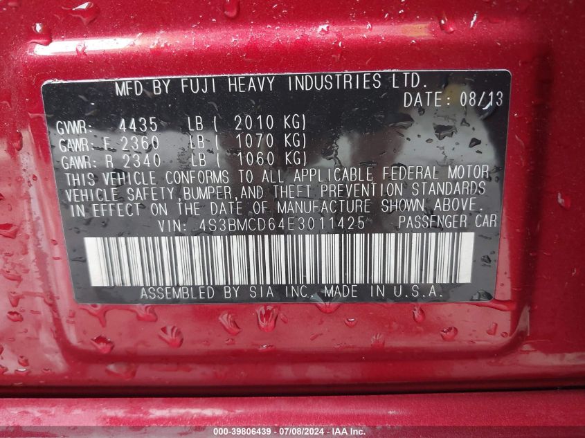 2014 Subaru Legacy 2.5I Premium VIN: 4S3BMCD64E3011425 Lot: 39806439