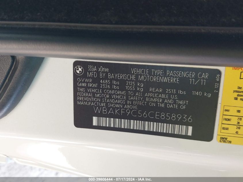 2012 BMW 335I Xi VIN: WBAKF9C56CE858936 Lot: 39806444