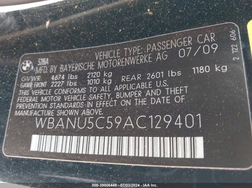 2010 BMW 528I VIN: WBANU5C59AC129401 Lot: 39806448