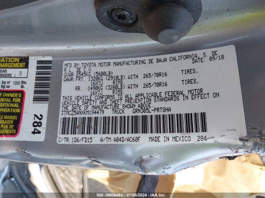 2019 Toyota Tacoma Double Cab/Sr/Sr5/Trd Sport/Trd Off Road/Trd Pro VIN: 3TMCZ5ANXKM194479 Lot: 39806453
