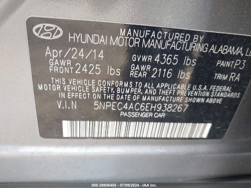 2014 HYUNDAI SONATA SE - 5NPEC4AC6EH938267