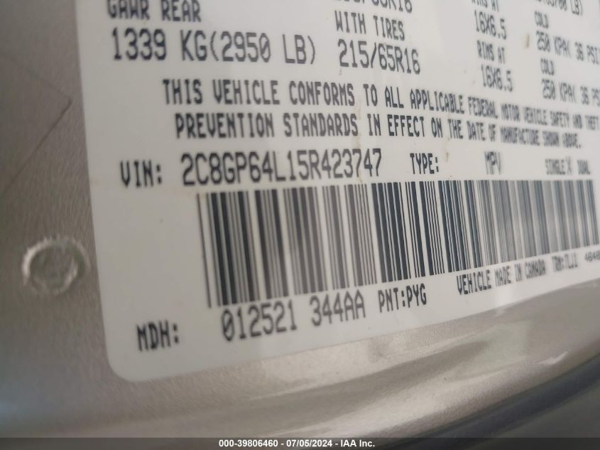 2005 Chrysler Town & Country Limited VIN: 2C8GP64L15R423747 Lot: 39806460