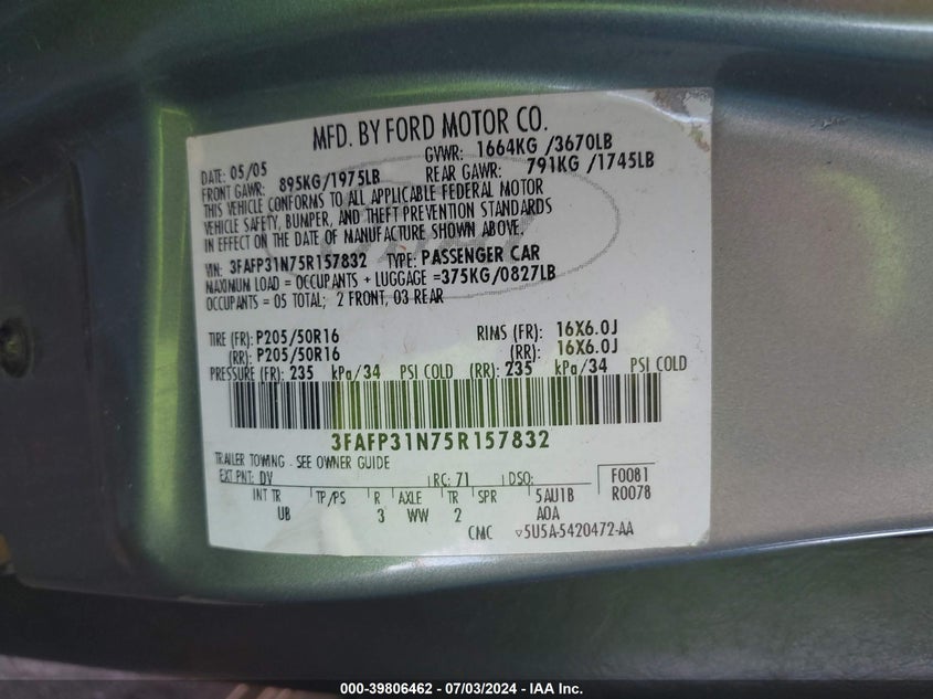 2005 Ford Focus Zx3 VIN: 3FAFP31N75R157832 Lot: 39806462