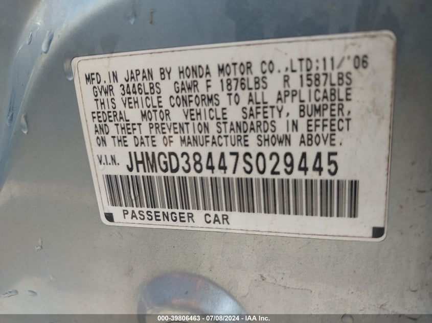 2007 Honda Fit VIN: JHMGD38447S029445 Lot: 39806463