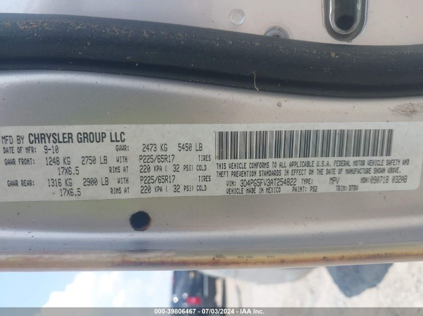 2010 Dodge Journey Sxt VIN: 3D4PG5FV3AT254822 Lot: 39806467