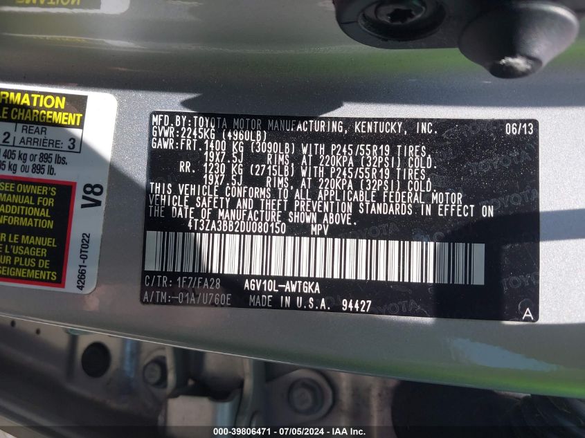 2013 Toyota Venza Le VIN: 4T3ZA3BB2DU080150 Lot: 39806471