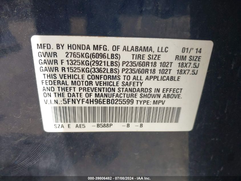 2014 Honda Pilot Touring VIN: 5FNYF4H96EB025599 Lot: 39806482