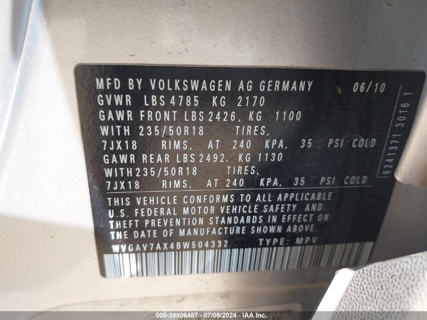 2011 Volkswagen Tiguan S/Se/Sel VIN: WVGAV7AX4BW504332 Lot: 39806487