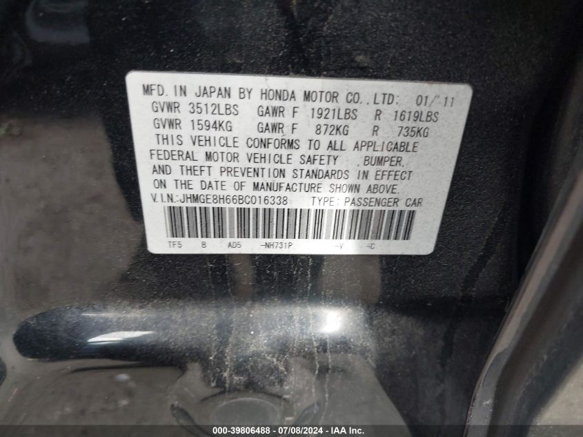 2011 Honda Fit Sport VIN: JHMGE8H66BC016338 Lot: 39806488