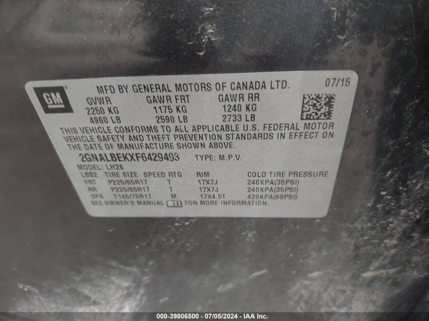 2015 Chevrolet Equinox 1Lt VIN: 2GNALBEKXF6429493 Lot: 39806500