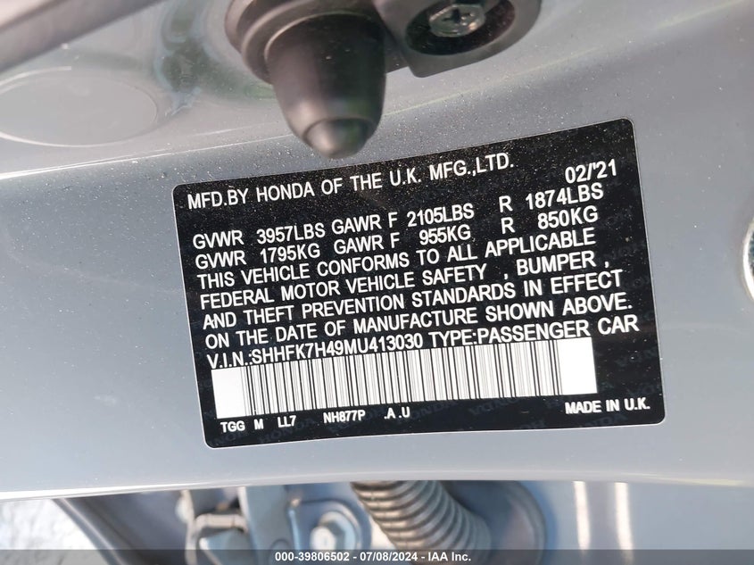 2021 HONDA CIVIC SPORT - SHHFK7H49MU413030