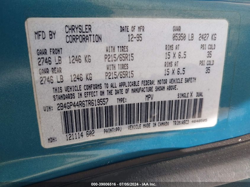 1996 Dodge Grand Caravan Se VIN: 2B4GP44R6TR619557 Lot: 39806516