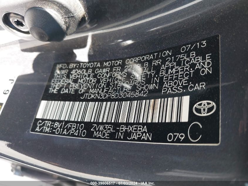 2013 Toyota Prius Plug-In VIN: JTDKN3DP8D3045842 Lot: 39806517