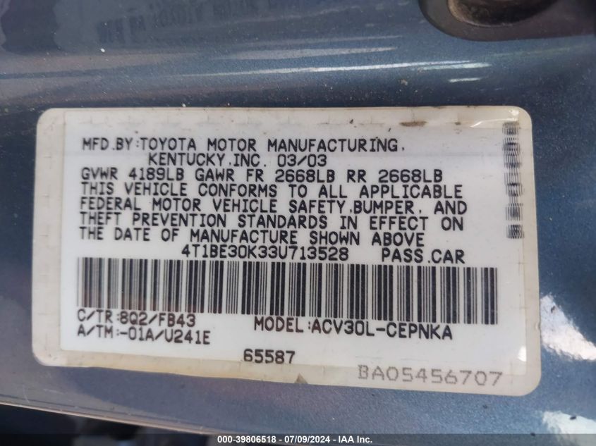 2003 Toyota Camry Le VIN: 4T1BE30K33U713528 Lot: 39806518