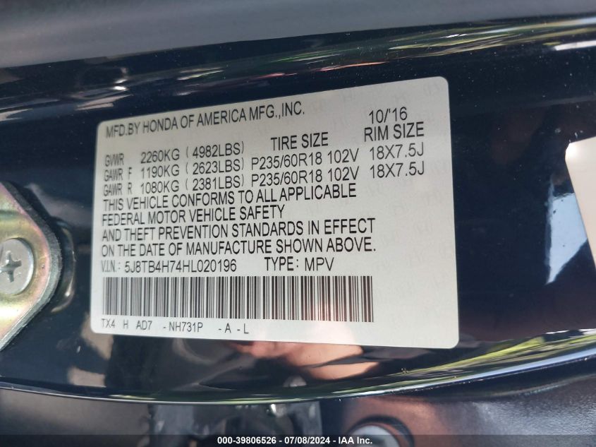 5J8TB4H74HL020196 2017 Acura Rdx Advance Package