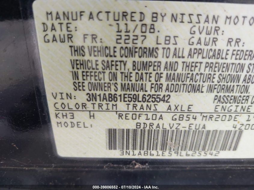2009 Nissan Sentra 2.0Sl VIN: 3N1AB61E59L625542 Lot: 39806552