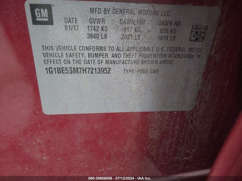 2017 CHEVROLET CRUZE LT AUTO - 1G1BE5SM7H7213952