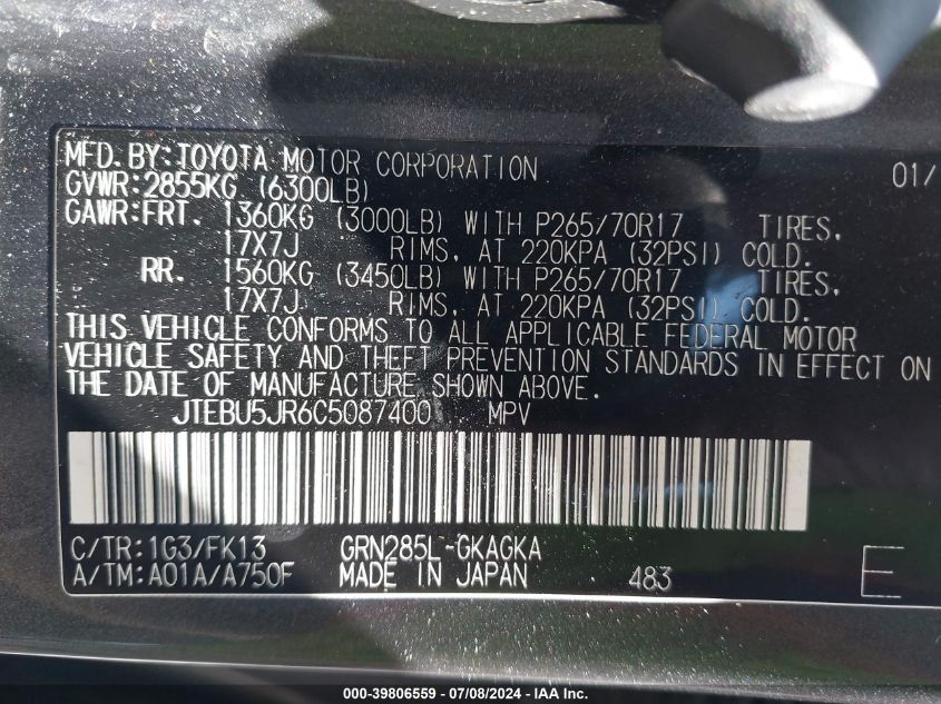 2012 Toyota 4Runner Sr5 VIN: JTEBU5JR6C5087400 Lot: 39806559