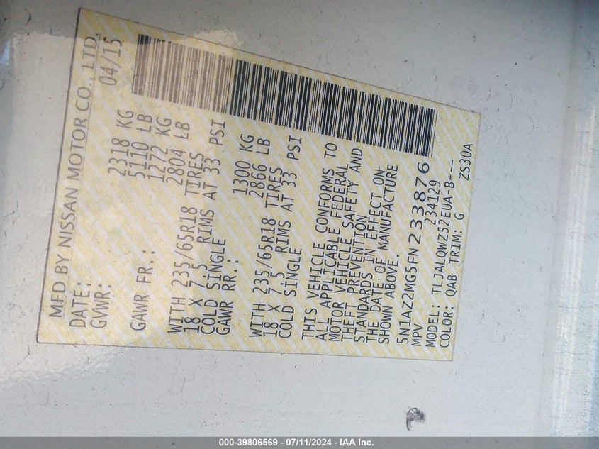 2015 Nissan Murano Sv VIN: 5N1AZ2MG5FN233876 Lot: 39806569