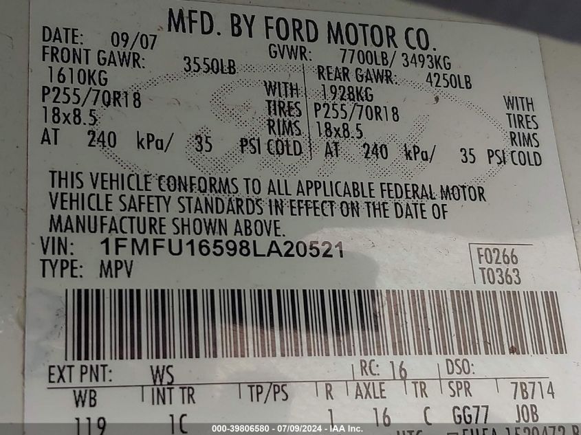 2008 Ford Expedition Xlt VIN: 1FMFU16598LA20521 Lot: 39806580