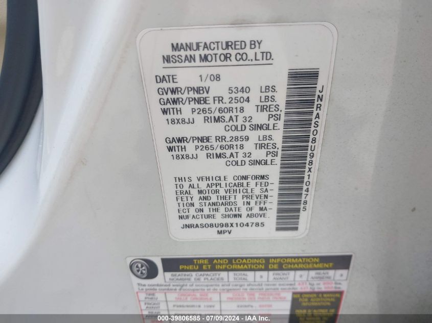 2008 Infiniti Fx35 VIN: JNRAS08U98X104785 Lot: 39806585