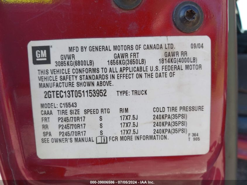 2005 GMC Sierra 1500 Sle VIN: 2GTEC13T051153952 Lot: 39806586