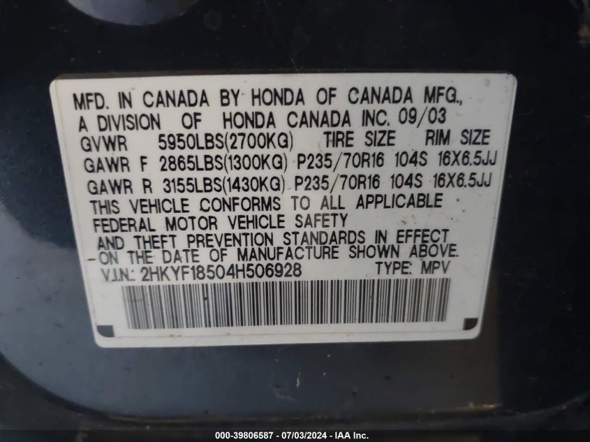 2004 Honda Pilot Ex-L VIN: 2HKYF18504H506928 Lot: 39806587