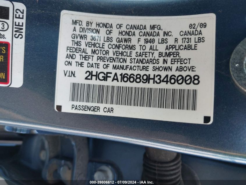 2009 Honda Civic Lx-S VIN: 2HGFA16689H346008 Lot: 39806612