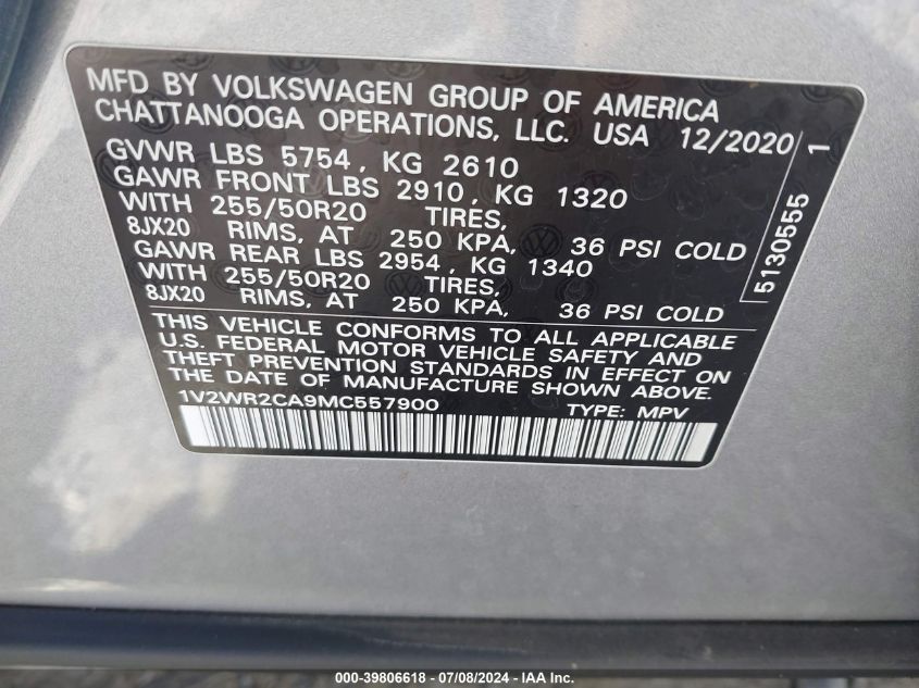 2021 Volkswagen Atlas 3.6L V6 Se W/Technology VIN: 1V2WR2CA9MC557900 Lot: 39806618