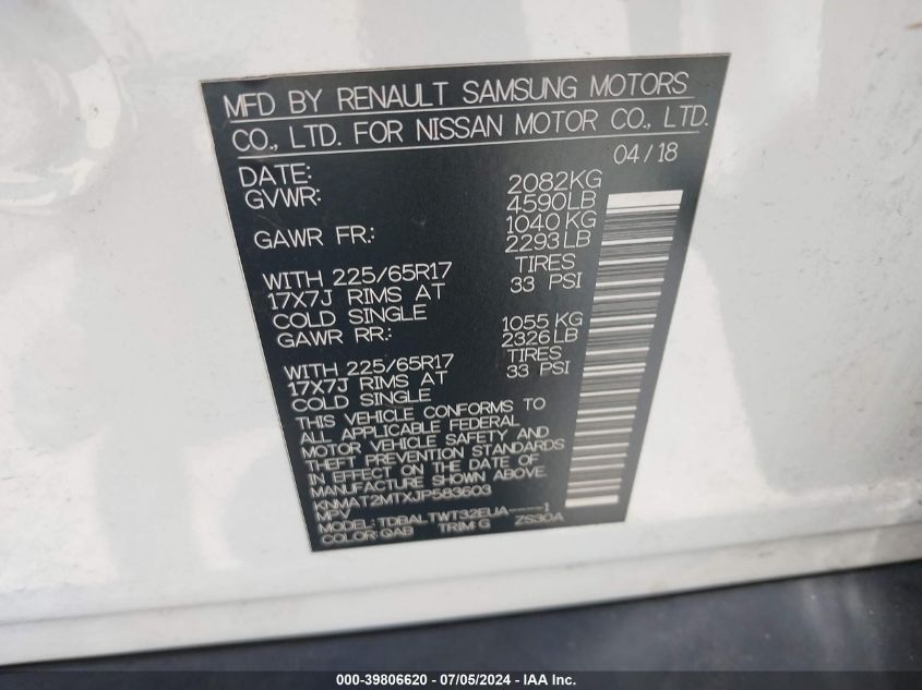 2018 Nissan Rogue Sv VIN: KNMAT2MTXJP583603 Lot: 39806620
