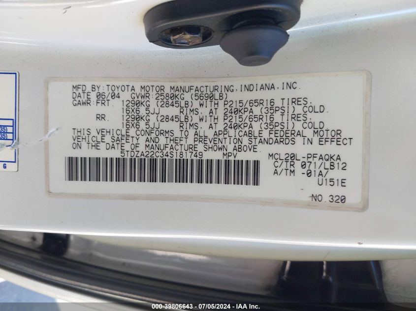 5TDZA22C34S181749 2004 Toyota Sienna Xle