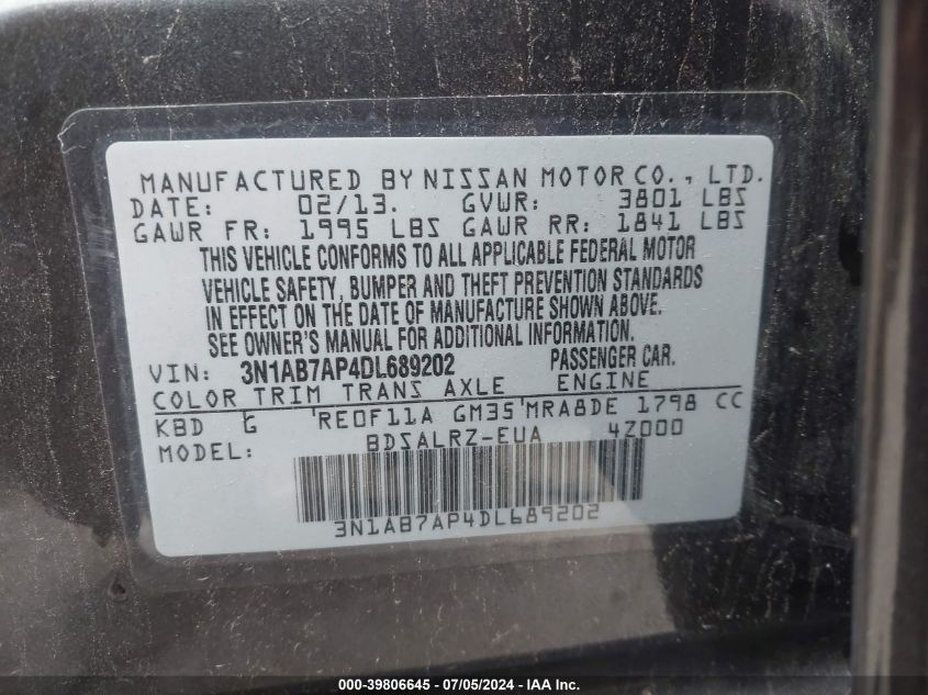 2013 Nissan Sentra Sr VIN: 3N1AB7AP4DL689202 Lot: 39806645