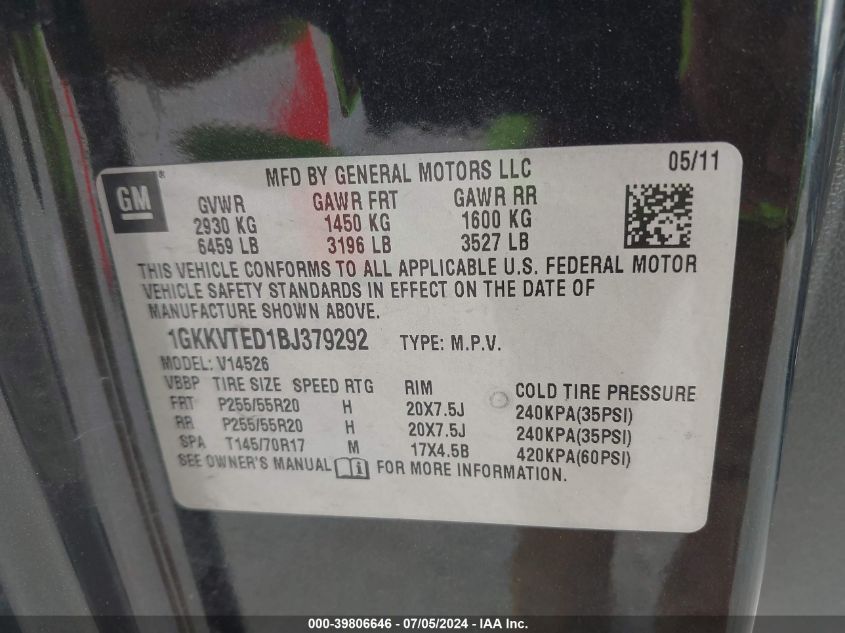2011 GMC Acadia Denali VIN: 1GKKVTED1BJ379292 Lot: 39806646