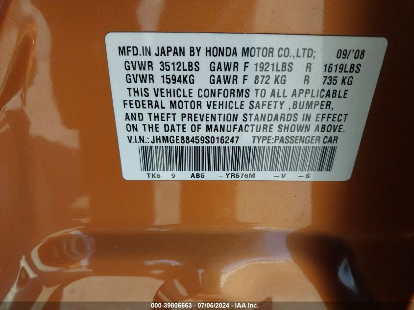 2009 Honda Fit Sport VIN: JHMGE88459S016247 Lot: 39806663