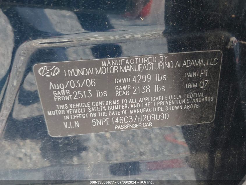 2007 Hyundai Sonata Gls VIN: 5NPET46C37H209090 Lot: 39806677