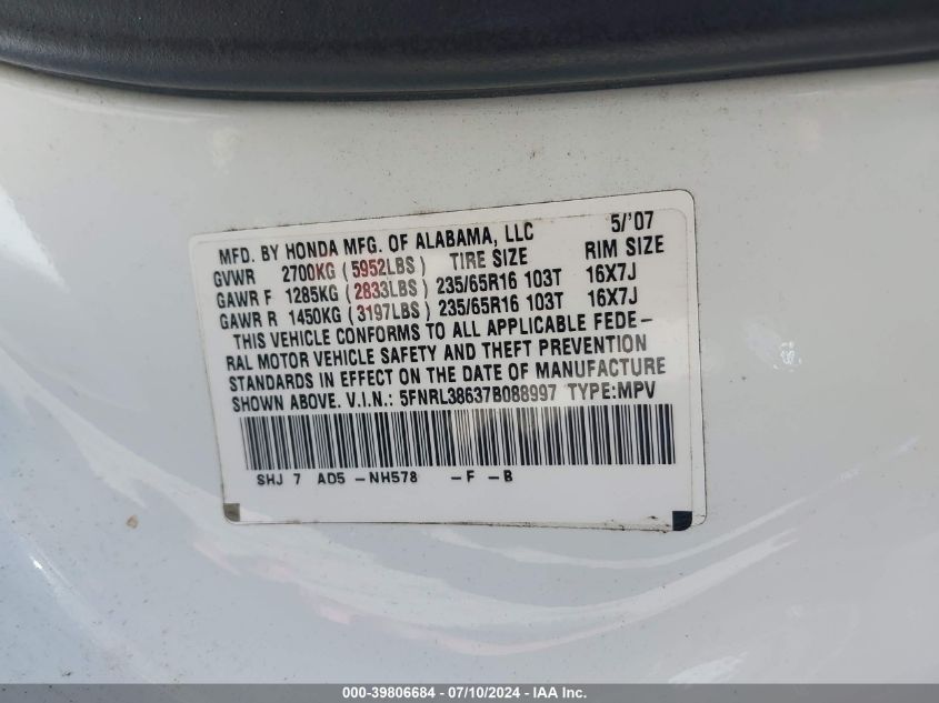 2007 Honda Odyssey Ex-L VIN: 5FNRL38637B088997 Lot: 39806684