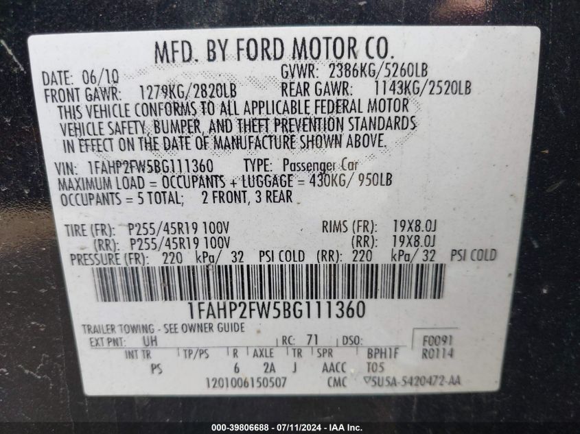 2011 Ford Taurus Limited VIN: 1FAHP2FW5BG111360 Lot: 39806688