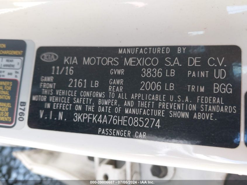 2017 Kia Forte Lx VIN: 3KPFK4A76HE085274 Lot: 39806687