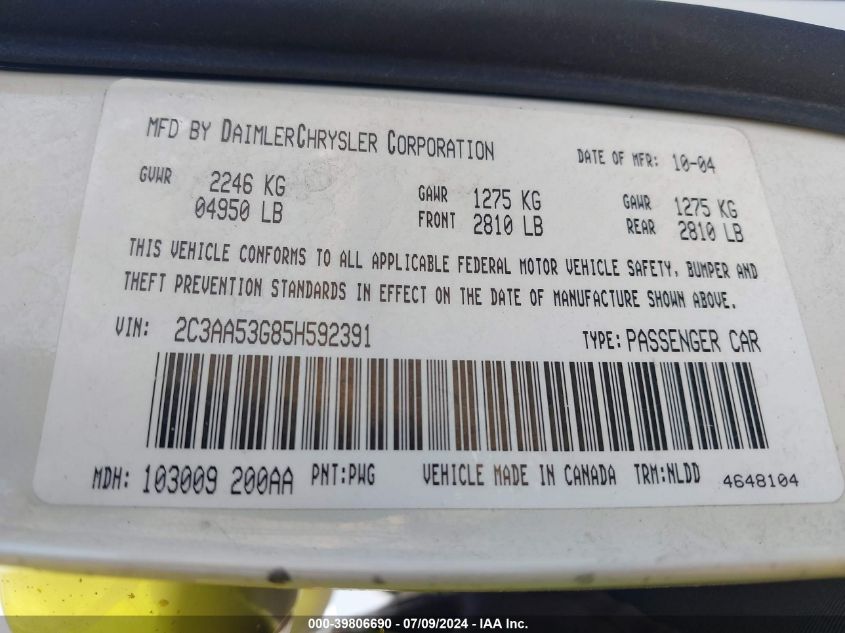 2005 Chrysler 300 Touring VIN: 2C3AA53G85H592391 Lot: 39806690