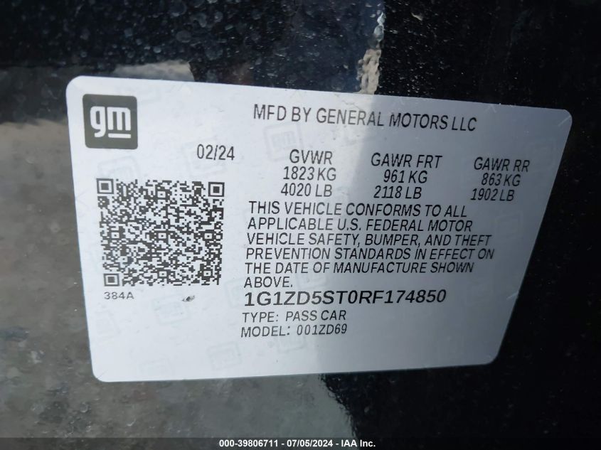 2024 Chevrolet Malibu Lt VIN: 1G1ZD5ST0RF174850 Lot: 39806711