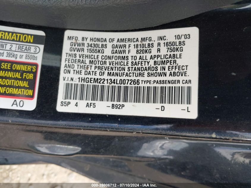 2004 Honda Civic Vp VIN: 1HGEM22134L007266 Lot: 39806712
