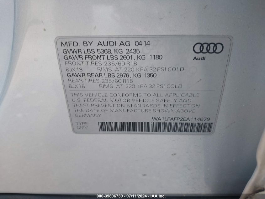 WA1LFAFP2EA114079 2014 Audi Q5 2.0T Premium